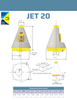 Diagram and dimensions spec sheet for Plastec Jet 20 Inline Polypropylene Blower showing external dimensions and mounting brackets